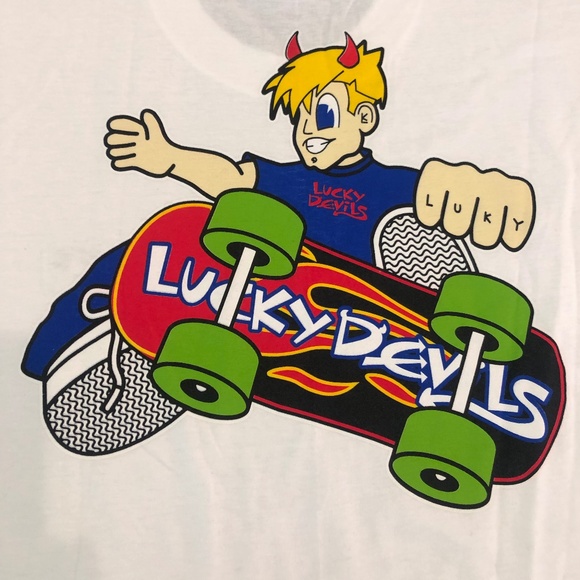 Lucky Devils "Devil Skateboarder on white short sleeve t-shirt" - Picture 2 of 3